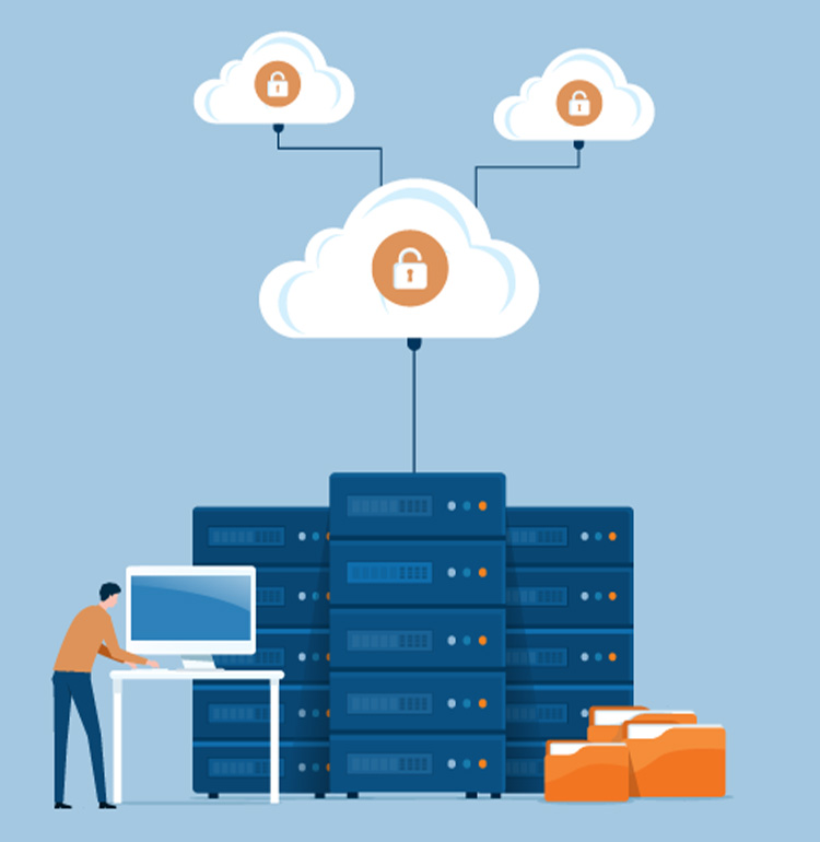 An illustration of a person standing in front of a large computer monitor. In front of them are three large servers connected to clouds in the sky