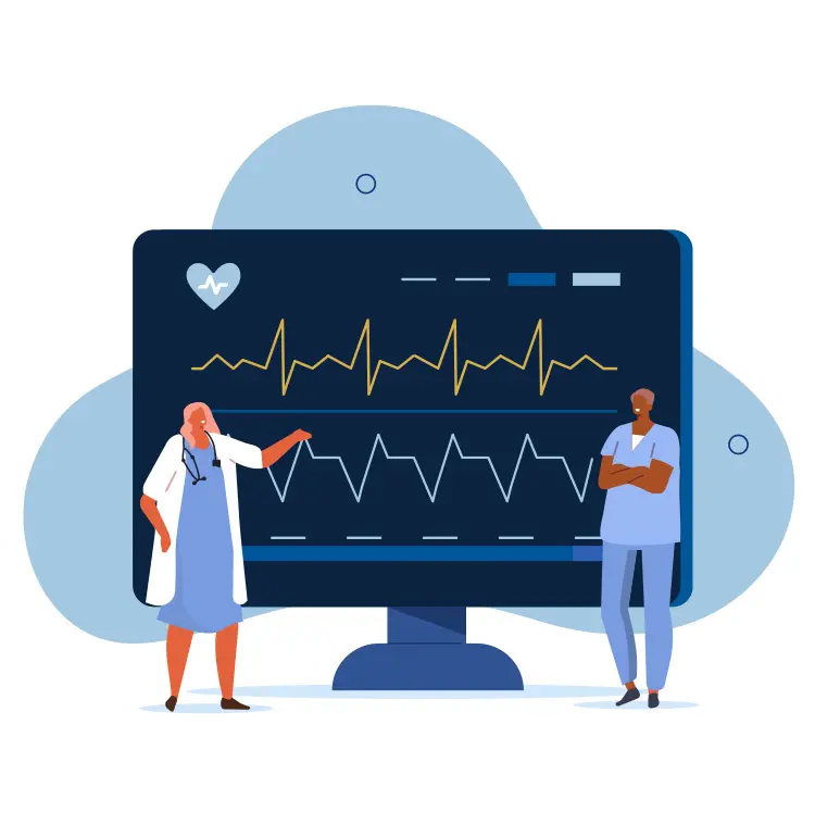 An illustration of a cartoonishly large computer monitor with cardiographs on the screen. Two figures dressed in medical gear stand on either side of the monitor