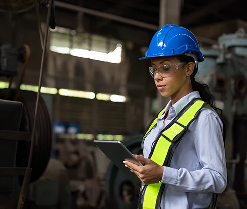 A woman wearing safety equipment looks at a computer monitor